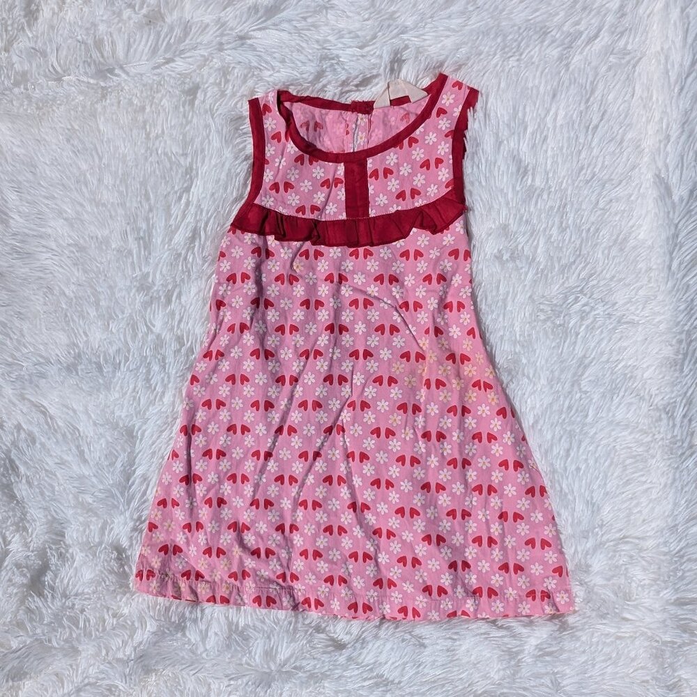 Girls’ Pink Sleeveless Dress – Heart & Daisy Print with Ruffle Detail 2T - Picture 1 of 4